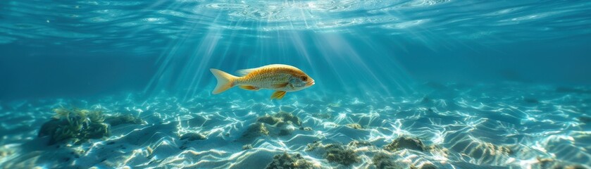 Naklejka premium A single, colorful fish swimming gracefully in a vast expanse of clear blue water