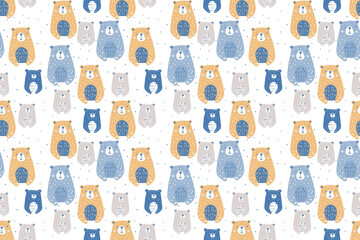 cute seamless pattern with funny hand drawn bears in the neutal colors for boys and babies.
