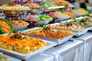 Obraz premium A lavish buffet of gourmet dishes including pastas salads and sides beautifully arranged for a festive and abundant dining experience