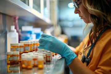 A female pharmacist wearing blue gloves carefully examines a row of prescription bottles in a pharmacy.