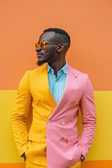 Obraz premium Man In Yellow And Pink Suit Posing Against Colorful Wall