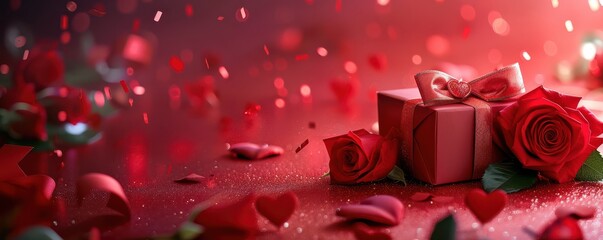 A white box with red ribbon sits on a table with pink roses and hearts. Free copy space for text.