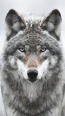 Majestic wolf standing in a snow covered landscape, its fur thick and white as it blends into the winter scenery