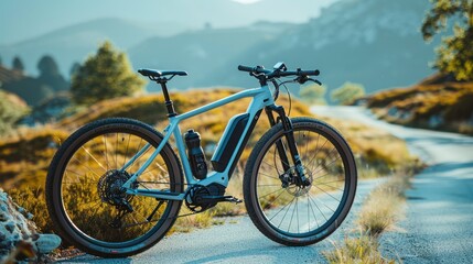 Fototapeta premium Modern Electric Bike on Scenic Mountain Trail - A sleek modern electric bike with a water bottle, parked on a scenic mountain trail, capturing the beauty of the landscape.