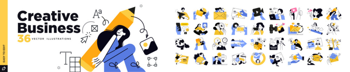 Creative business concept illustrations. Vector illustrations of business idea launch, creativity and innovation, social network, graphic and web design, advertising, content management, communication