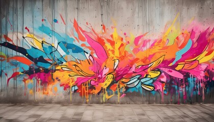 Abstract street wall art displaying a vibrant graffiti pattern with pink, yellow, red, orange, and...