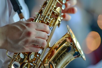 Obraz premium Closeup image of a musician's hands playing a golden saxophone, blurry lights in the background