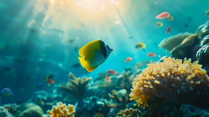 Fototapeta premium Graceful blue and yellow butterfly fish swimming among vibrant coral reefs, with sunlight filtering through the clear turquoise water, creating a vivid underwater scene