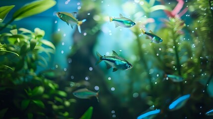 Neon tetra fish in a vibrant planted aquarium, surrounded by lush green plants and illuminated by soft blue light, with gentle bubbles rising to the surface