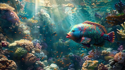 Fototapeta premium Vibrant parrotfish in a bustling coral reef, surrounded by colorful marine life and intricate coral formations, illuminated by dappled sunlight