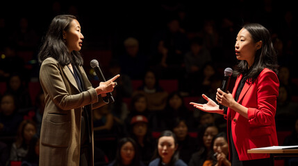 Two asian businesswomen standing on stage with microphones, engaging in a debate in front of a crowd
