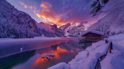 winter sunrise with colorful cloudscape over Lago di Braies, Dolomites, Italy 