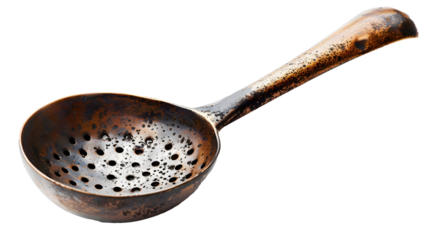 vintage metal ladle with holes isolated on transparent background