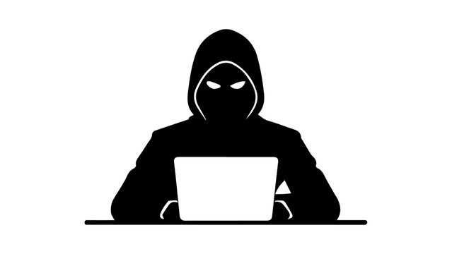 illustration of a hacker person with laptop, simple shape of a hacker in hoodie with laptop