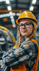 Young female factory worker in safety clothing is posing with her arms crossed in an industrial environment
