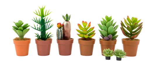 set of succulent plants in various terracotta pots isolated on transparent background