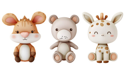 cutout set of 3 cartoon animal toys characters isolated on transparent png background