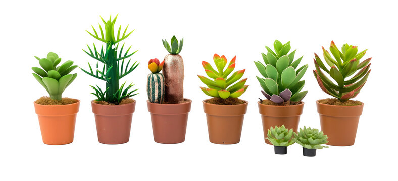 set of succulent plants in various terracotta pots isolated on transparent background