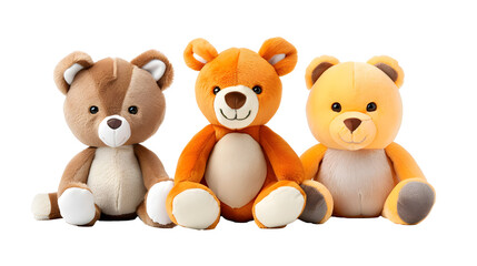 cutout set of 3 stuffed animal toys isolated on transparent png background