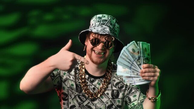 Crazy millionaire smiling broadly, rejoicing by lottery win or success deal, big profits and salary