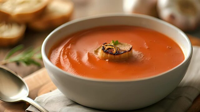 A bowl of warm and comforting roasted tomato soup garnished with grilled garlic cloves for a subtle yet bold kick of flavor.