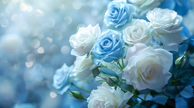 Artificial elegance beautiful colorful blossom rose flowers bouquet. Close up white and blue rose flowers bouquet for Valentine or wedding background and wallpaper. 