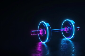 暗い背景の中でネオンに輝くダンベルとコピースペース