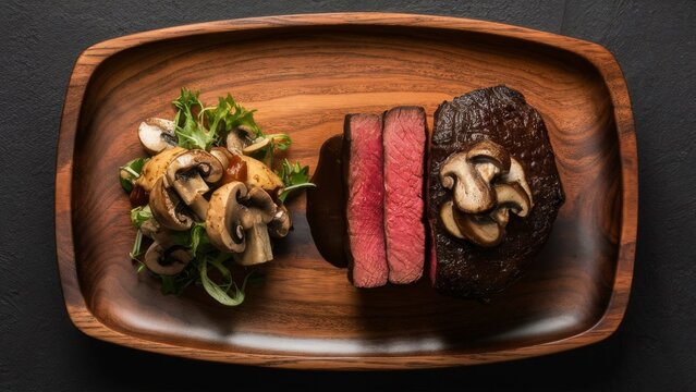 a photo of a medium rare cooked teres major steak cut perpendicularly with mushroom sauce on top