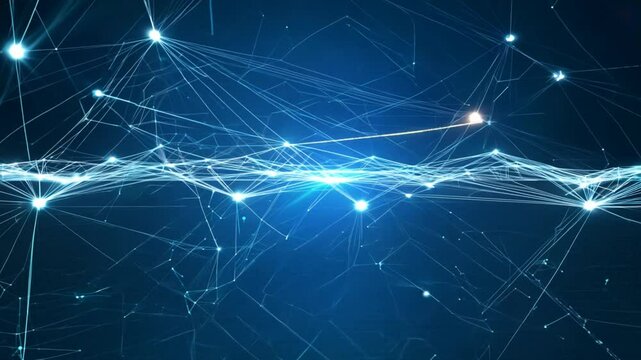 Abstract blue tech background with glowing lines and a network of stars