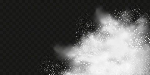 A realistic set of white clouds of flour, sugar, washing powder. An explosion of snow dust in the air. A splash of ice crystals in a white blizzard cloud.