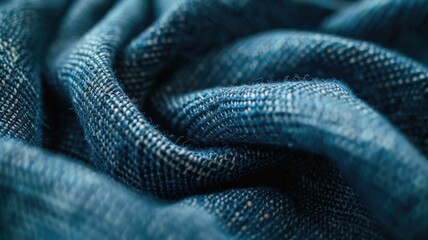 Fototapeta premium Detailed close-up of blue textured biodegradable denim fabric showcasing its intricate weave