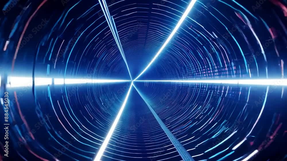 Poster abstract circular neon tunnel effect with glowing lines rotating to create a wormhole effect. perfec
