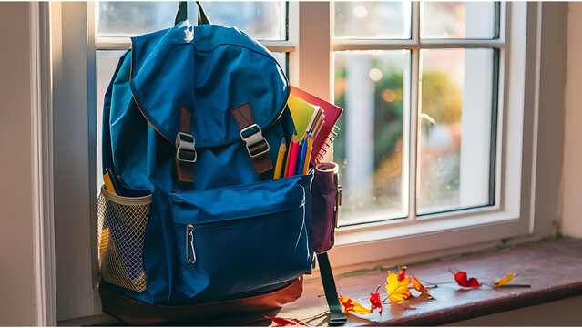 A crisp new backpack hangs by the window, symbolizing a fresh school year
