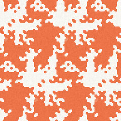 Faded peach fuzz glitch geo washed effect seamless pattern. Orange dye grungy blotched distress abstract background texture repeat. 