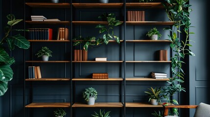 Modern bookshelf with plants and books in home interior