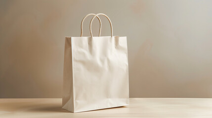 mockup white paper bag, on a beige wooden table clean white background, Ai generated Images