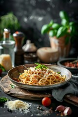 Recipe for homemade tomato sauce, basil, parmesan, and spaghetti noodles from Italy. Classic Italian fare. placed on a rustic wooden backdrop that had a dark table. Straight