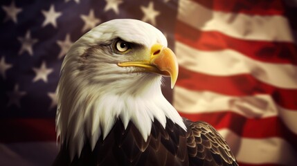 Bald eagle with the American flag in the background. USA national symbol, celebrating Independence Day. concept of freedom.