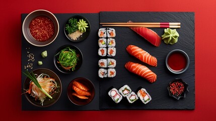 Assorted sushi platter with side dishes on a red background