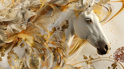 An elegant abstract piece with gold elements and flowing textures, interwoven with chinoiserie patterns and hints of animal prints, capturing the essence of a horse's grace.