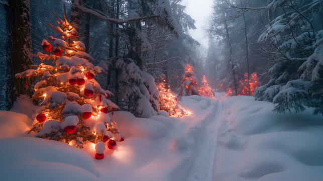 Several decorated and lit Christmas trees in snowy forest with trail, winter scene, copy space - Powered by Adobe