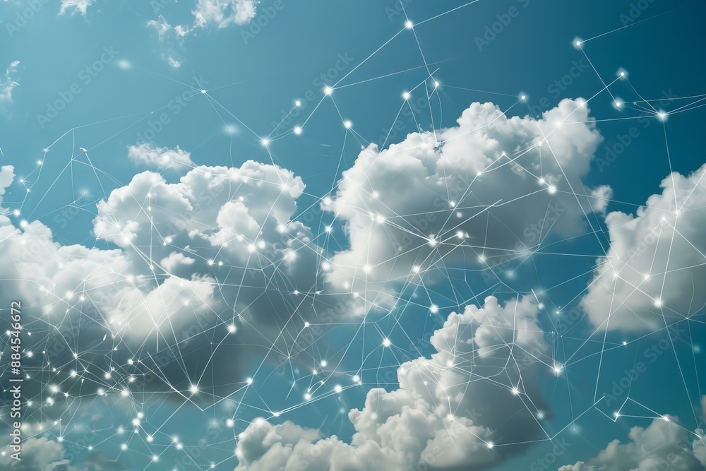 Poster abstract cloud computing and network connections concept with a blue sky backdrop