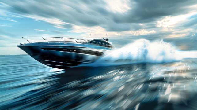 Big boat in motion on the water top view. Luxury speedboat with people moving fast on dark blue water making a white trail behind the boat, aerial view.