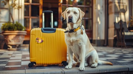 cute labrador sitting beside yellow luggage near entrance of pet friendly hotel, travel concept 