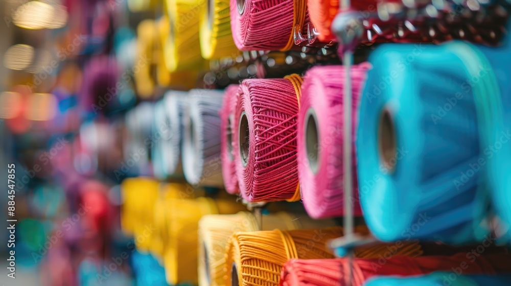 Poster selective focus on multicolored industrial yarn pulleys stacked in rows with shallow depth of field