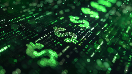 A digital illustration of three dollar signs ($) made of small green ring-shaped objects, situated on a background composed of an array of green ones and zeros in a binary pattern.