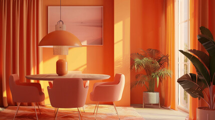 A living room with a bright orange theme for 2024. There's a dining table and lamp, all in the same shade of orange.