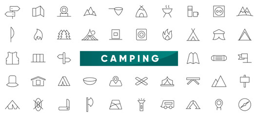 Camping line icon set. Travel, outdoor, campfire, hiking, camp trailer, tourism and local tour outline icon collection. UI thin outline icon set.