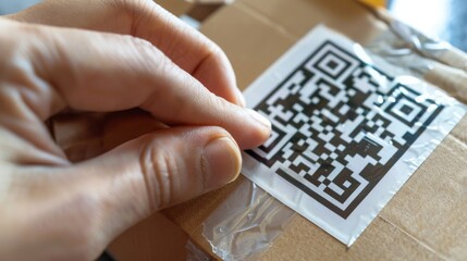 Close-up image of a person's hand holding a cardboard box with a QR code on it.