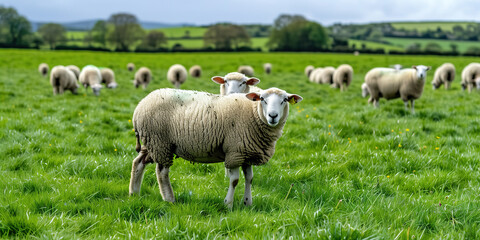 Obraz premium Flock of Sheep Grazing in a Lush Green Meadow on Farmland